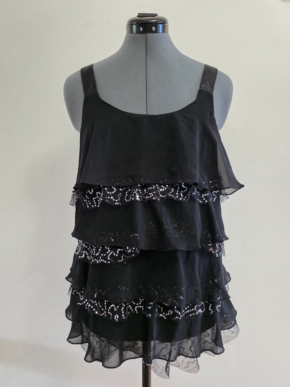 Vintage Y2K IZ Byer Black Sequin Tiered Chiffon Cami Tank Top Size L